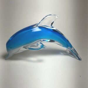Glass Dolphin Figurine Blue White‎ Swirl Ocean Decor Accent 6.5" Paperweight